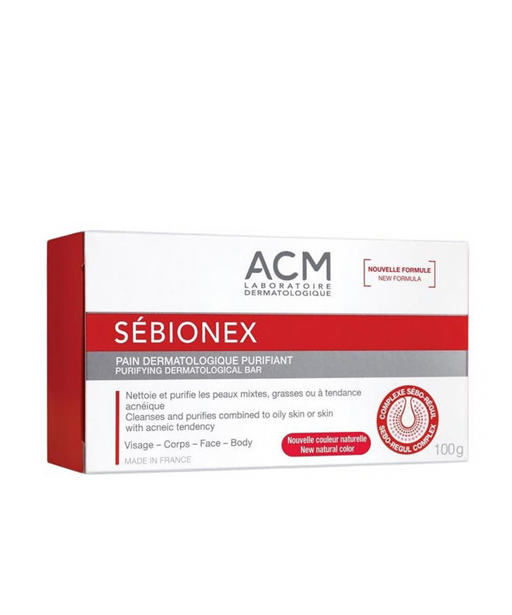 Sebionex dermatological soap packaging with ACM Laboratories branding on a white background