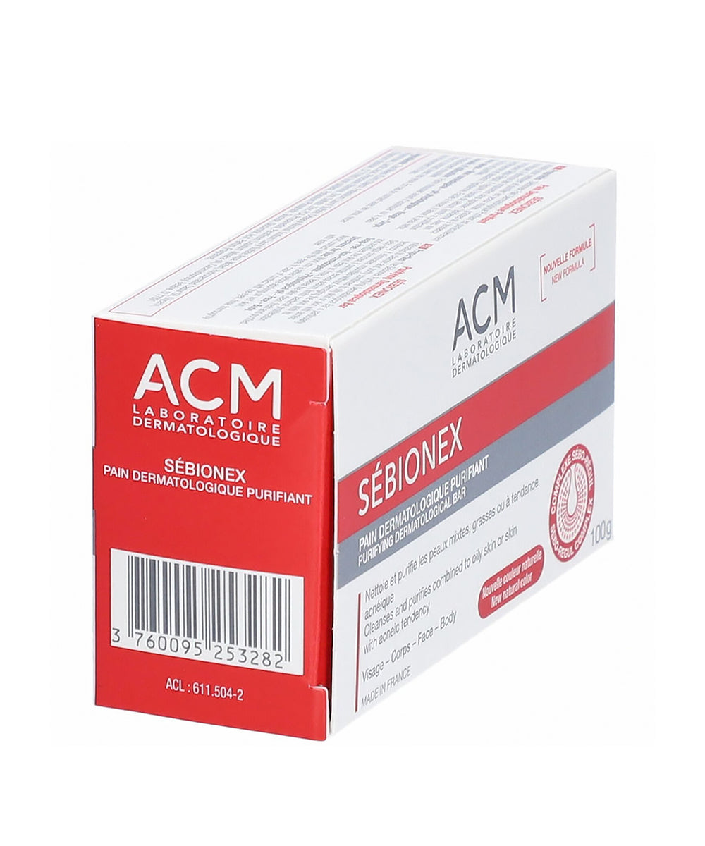 Box of ACM Sébionex dermatological soap on a white background
