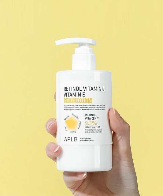 Hand holding a bottle of retinol vitamin C and E product with a yellow background