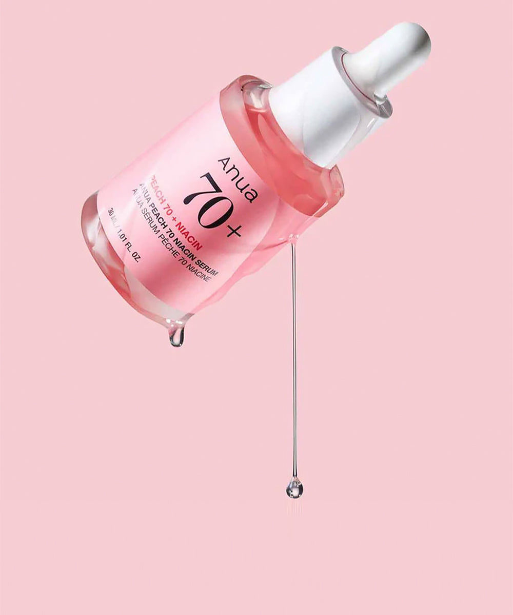Pink skincare serum bottle with dropper on a pink background