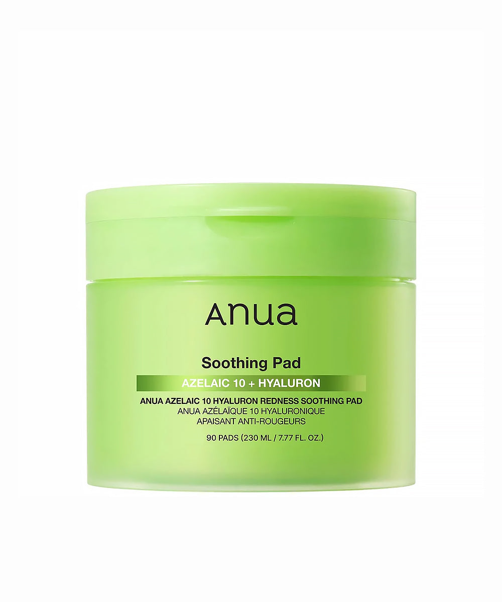 Green jar of Anua Soothing Pad on a white background