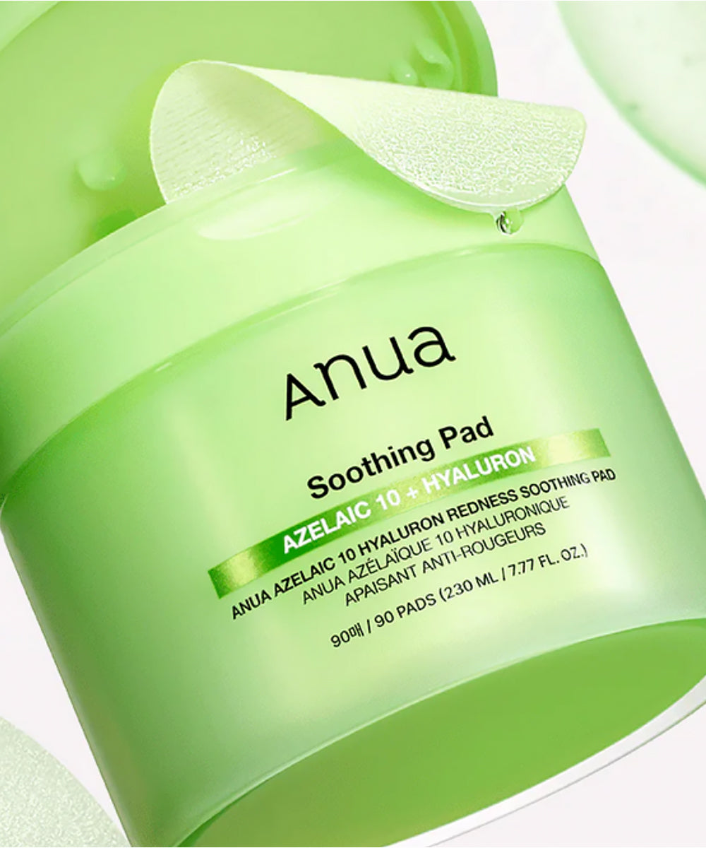 Green container of Anua Soothing Pads with text on a white background