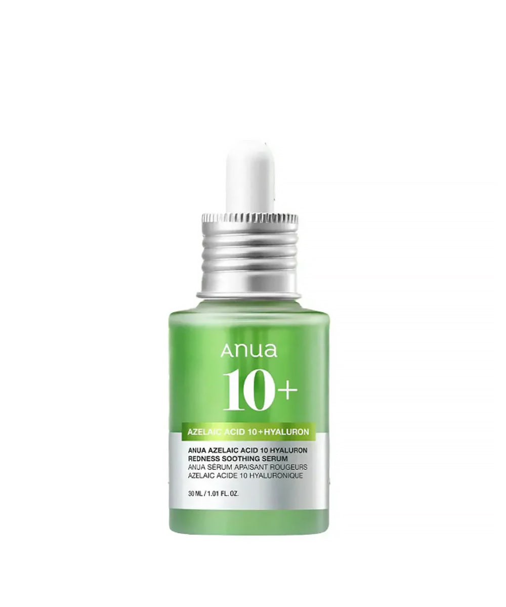 Skincare serum bottle with green label on a white background