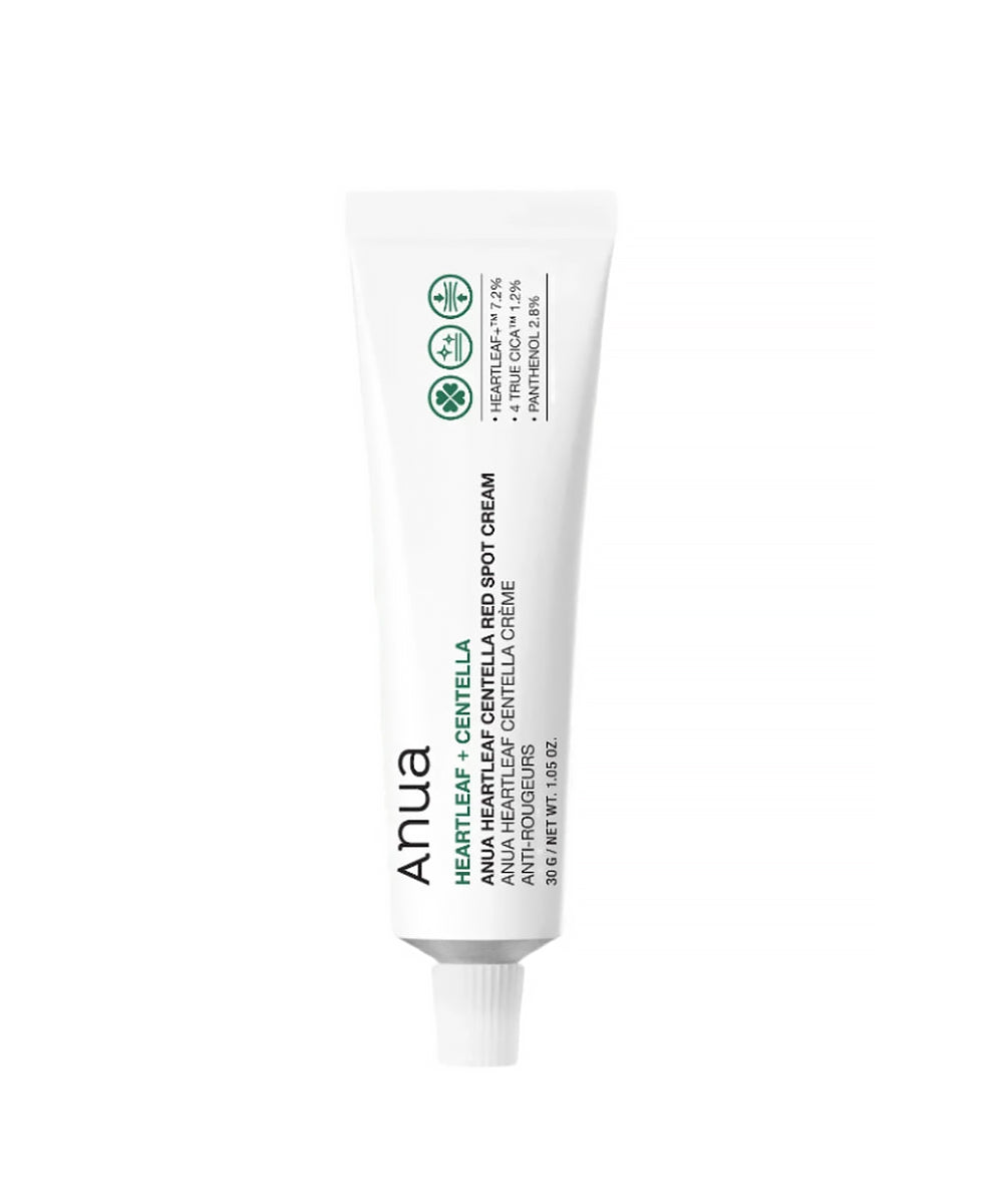 Tube of ANUA Heartleaf + Centella Anti-Red Spot Cream on a white background