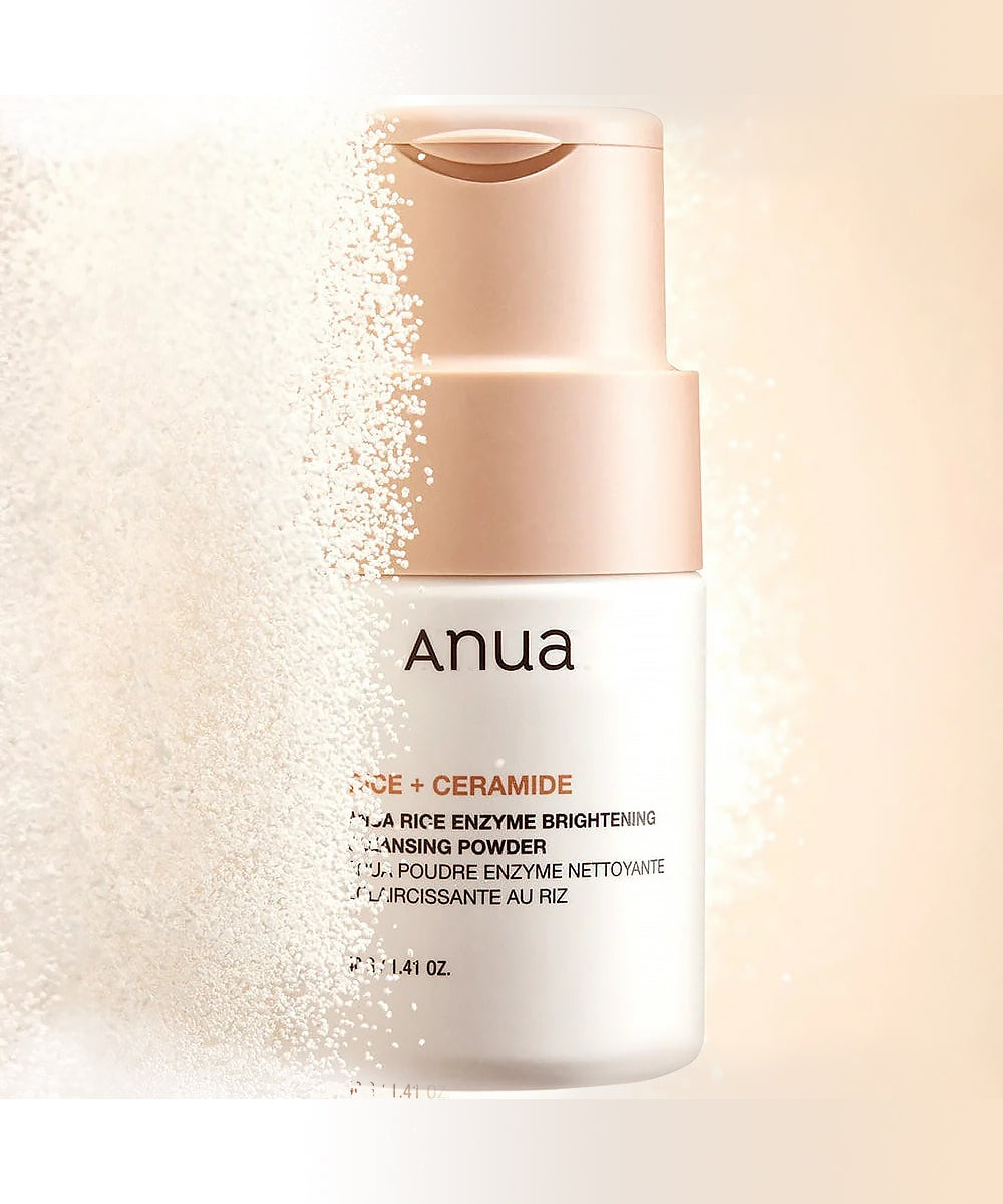 Anua cleansing powder bottle with a light beige background