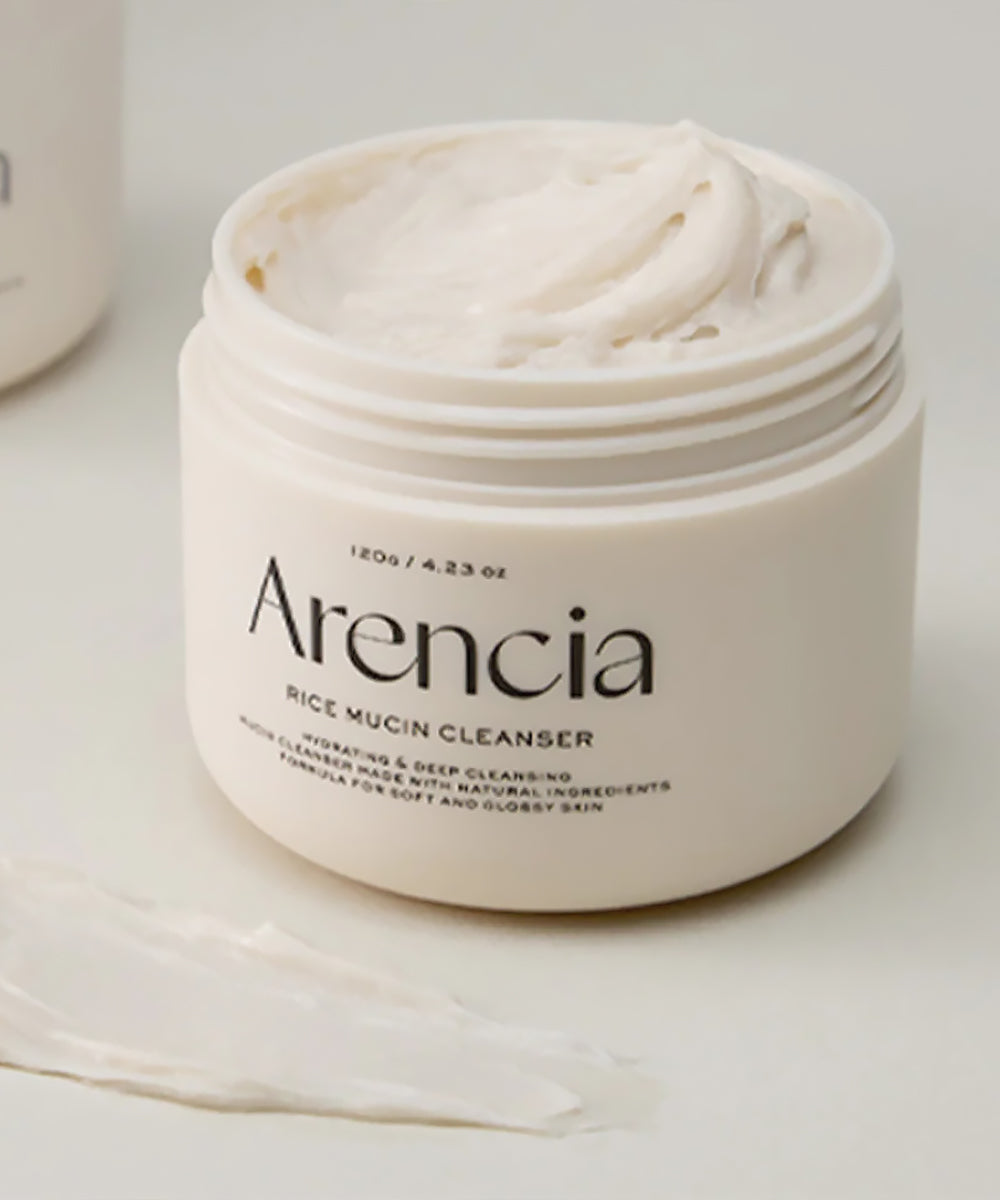 Arencia rice mucin cleanser jar with cream on a light background