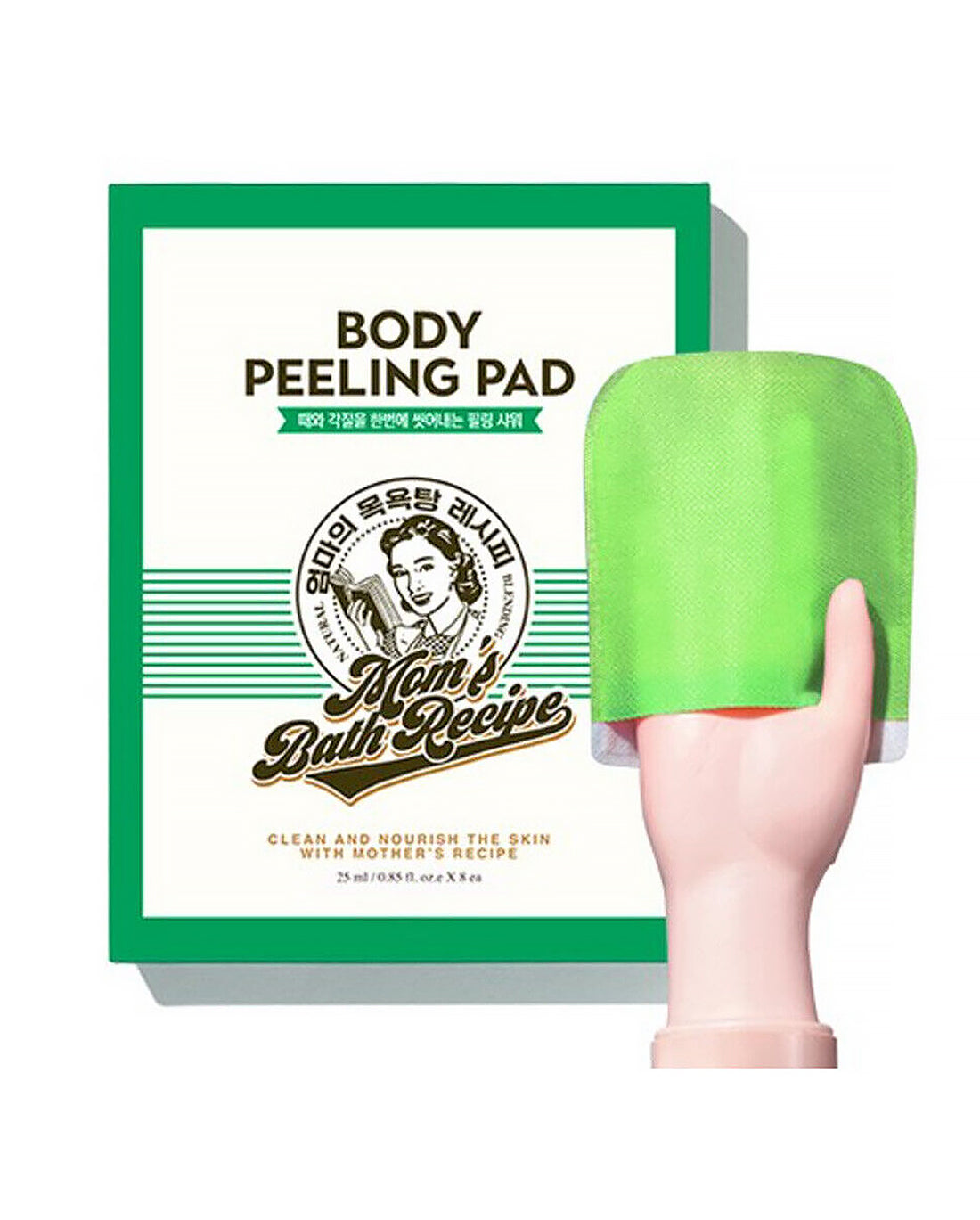 Green body peeling pad with packaging labeled 'Mom's Bath Recipe' on a white background