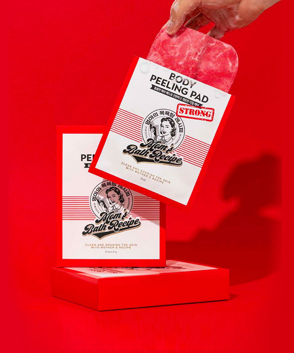 Body peeling pad packaging with 'Mom's Bath Recipe' branding on a red background