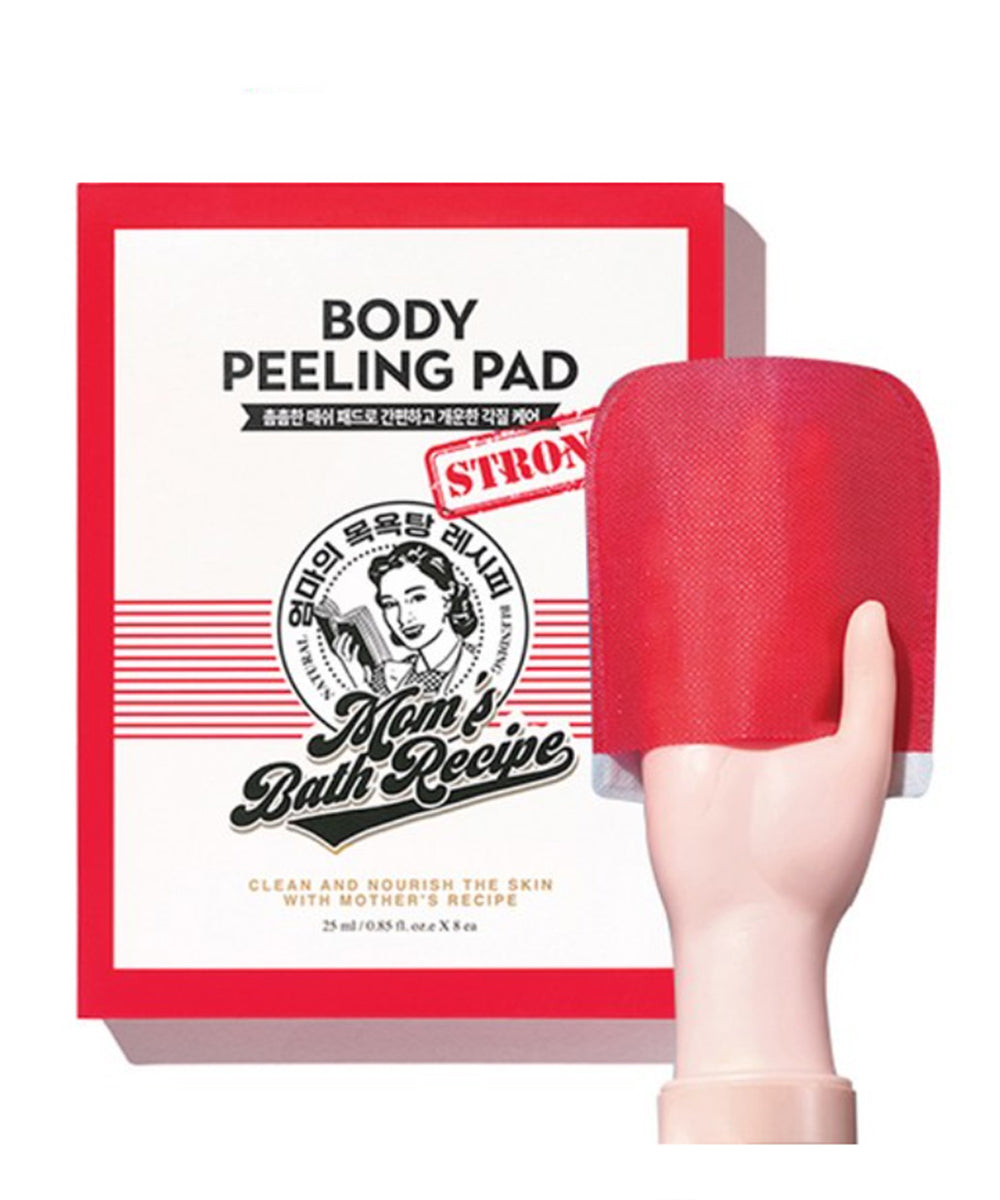 Red body peeling pad with packaging featuring 'Mom's Bath Recipe' on a white background