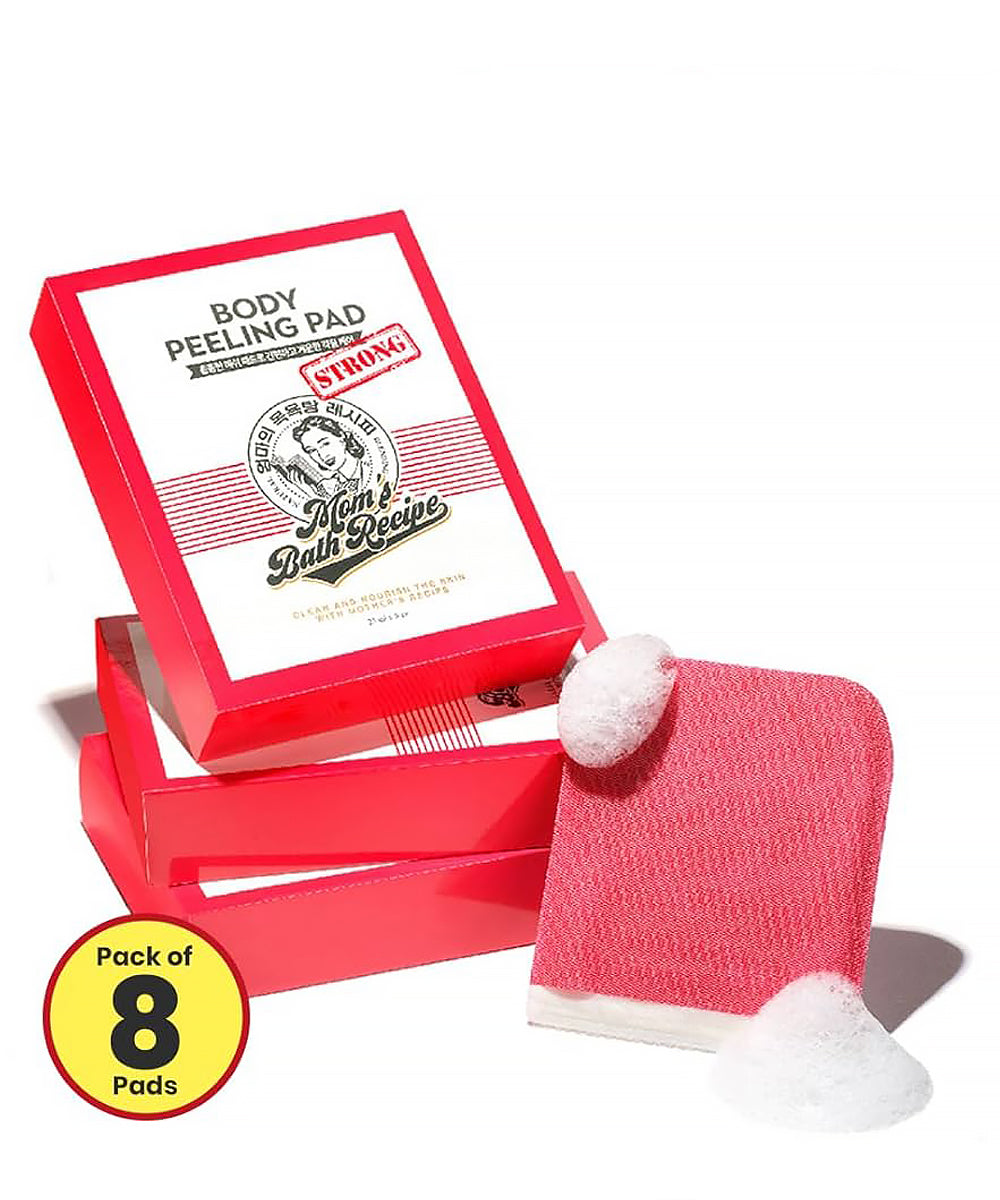 Red body peeling pad with packaging and a white background