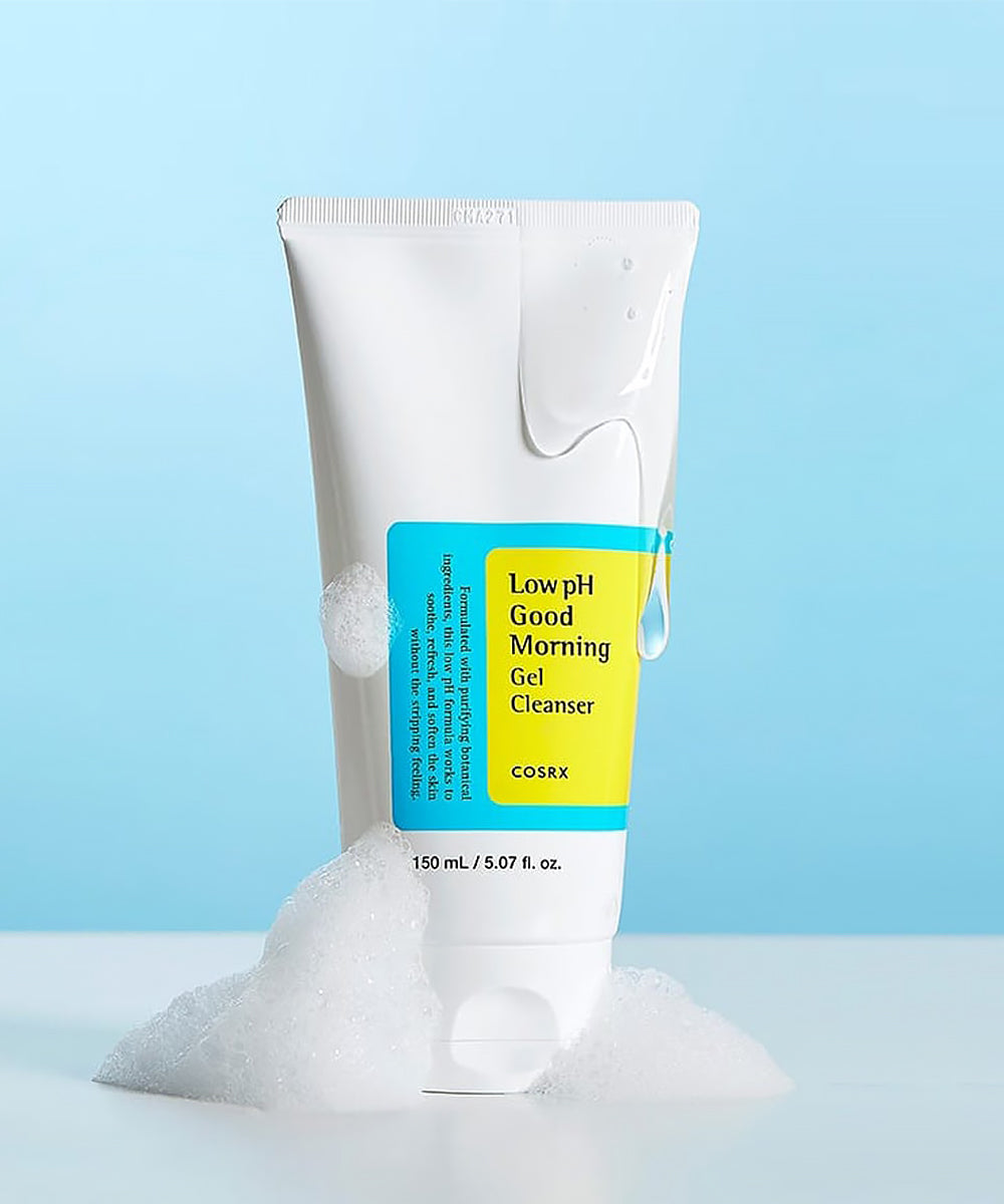 Cosrx Low pH Good Morning Gel Cleanser tube with blue label on a light blue background