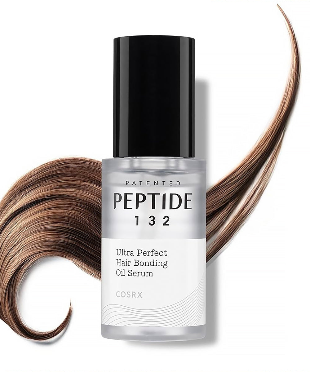 CosRX Peptide 132 Ultra Perfect Hair Bonding Oil Serum with wavy hair strands on a white background