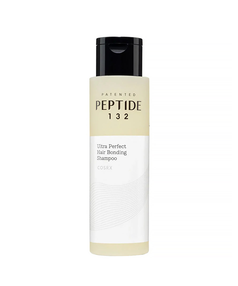 Shampoo bottle labeled 'Patented Peptide 132' on a white background