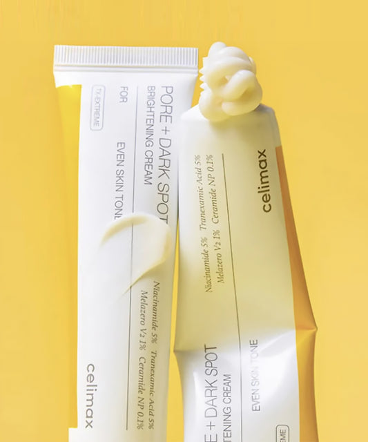Celimax Pore + Dark Spot Brightening Cream with packaging on a yellow background