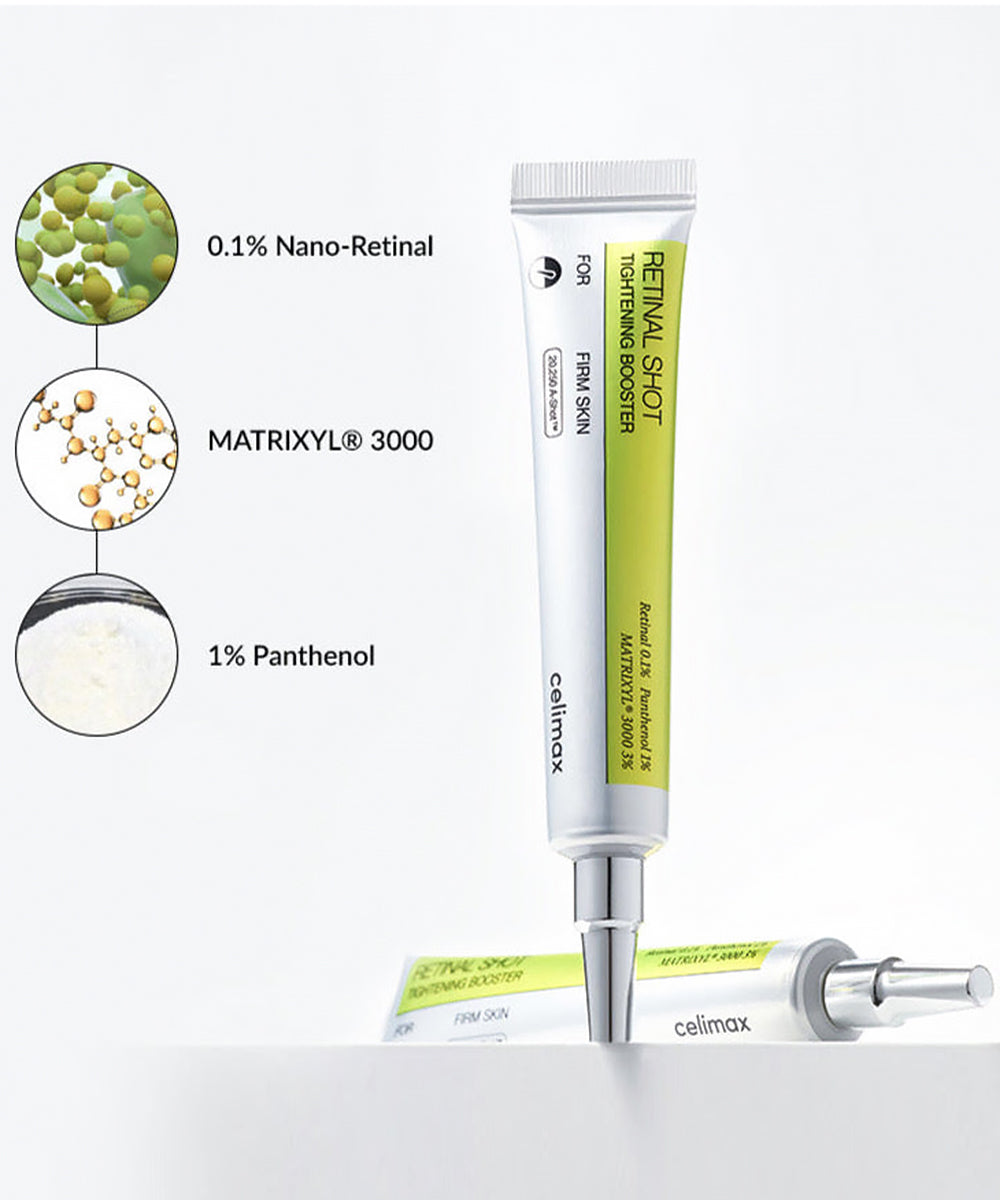 Celmax Retin Shot skincare product with ingredients displayed on a white background