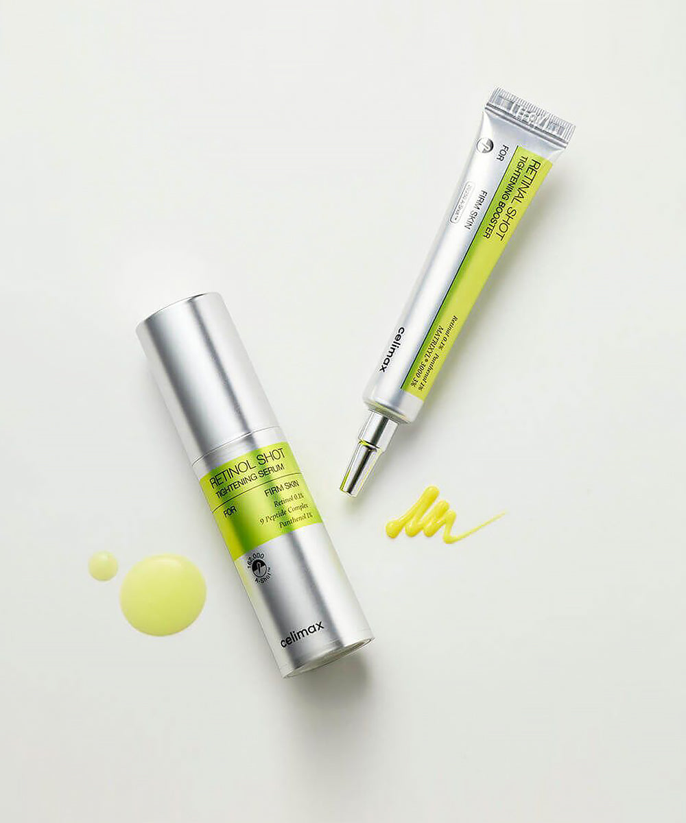 Two skincare products, a serum and a cream, on a light background with visible brand names.