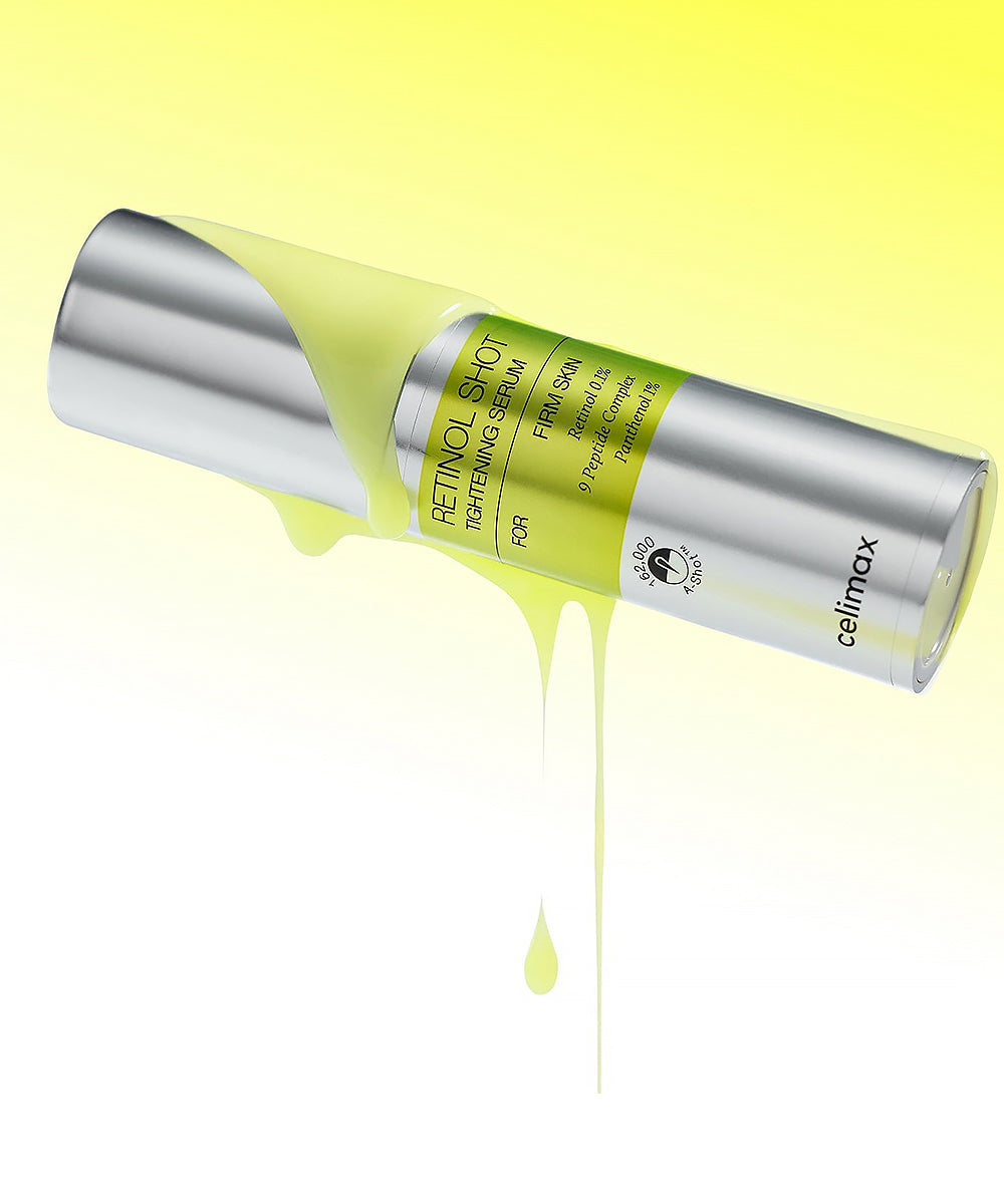 Cellmax retinol serum bottle with a yellow droplet on a gradient background