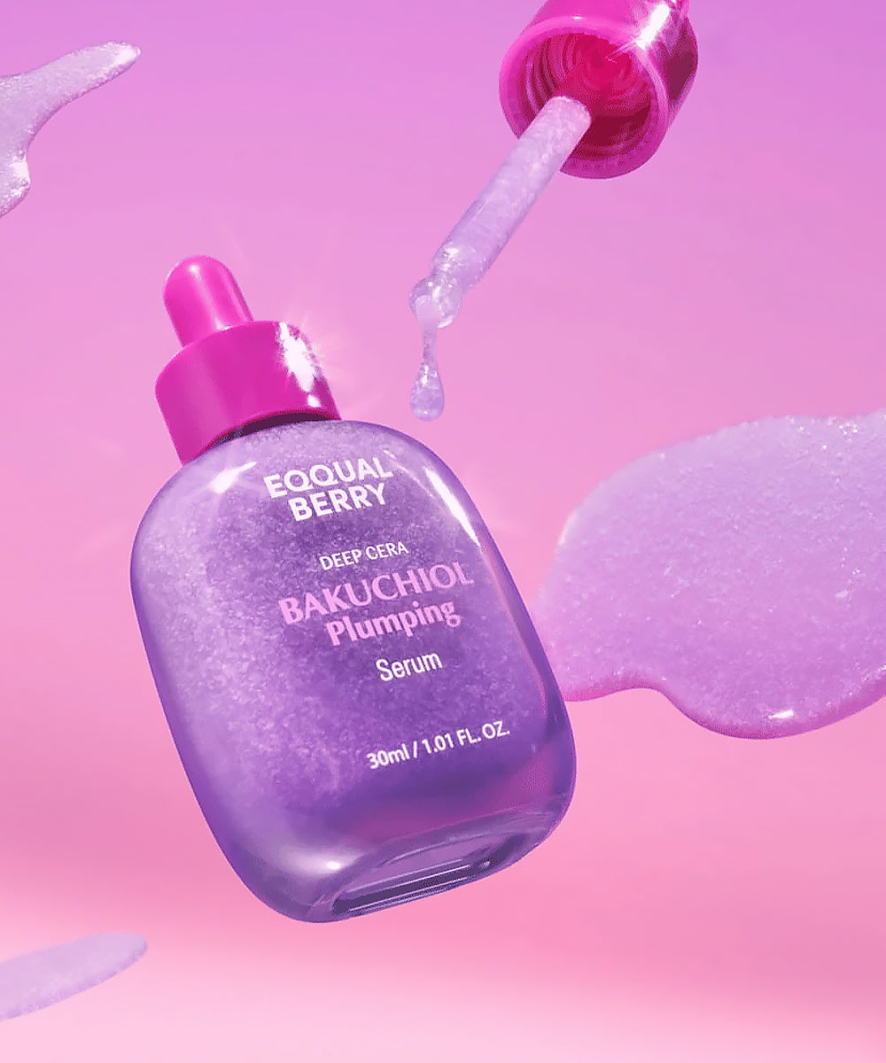 Purple serum bottle with pink cap on a pink background