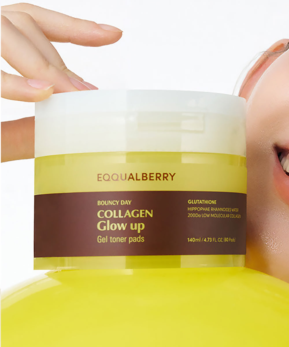 Yellow container of Equalberry Collagen Glow up Gel toner pads held by a hand.
