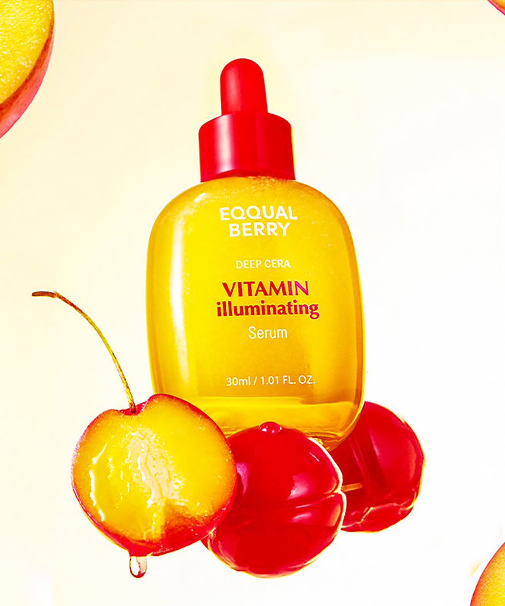 Yellow serum bottle with red cap labeled 'Eoequal Berry' on a yellow background with fruit graphics.