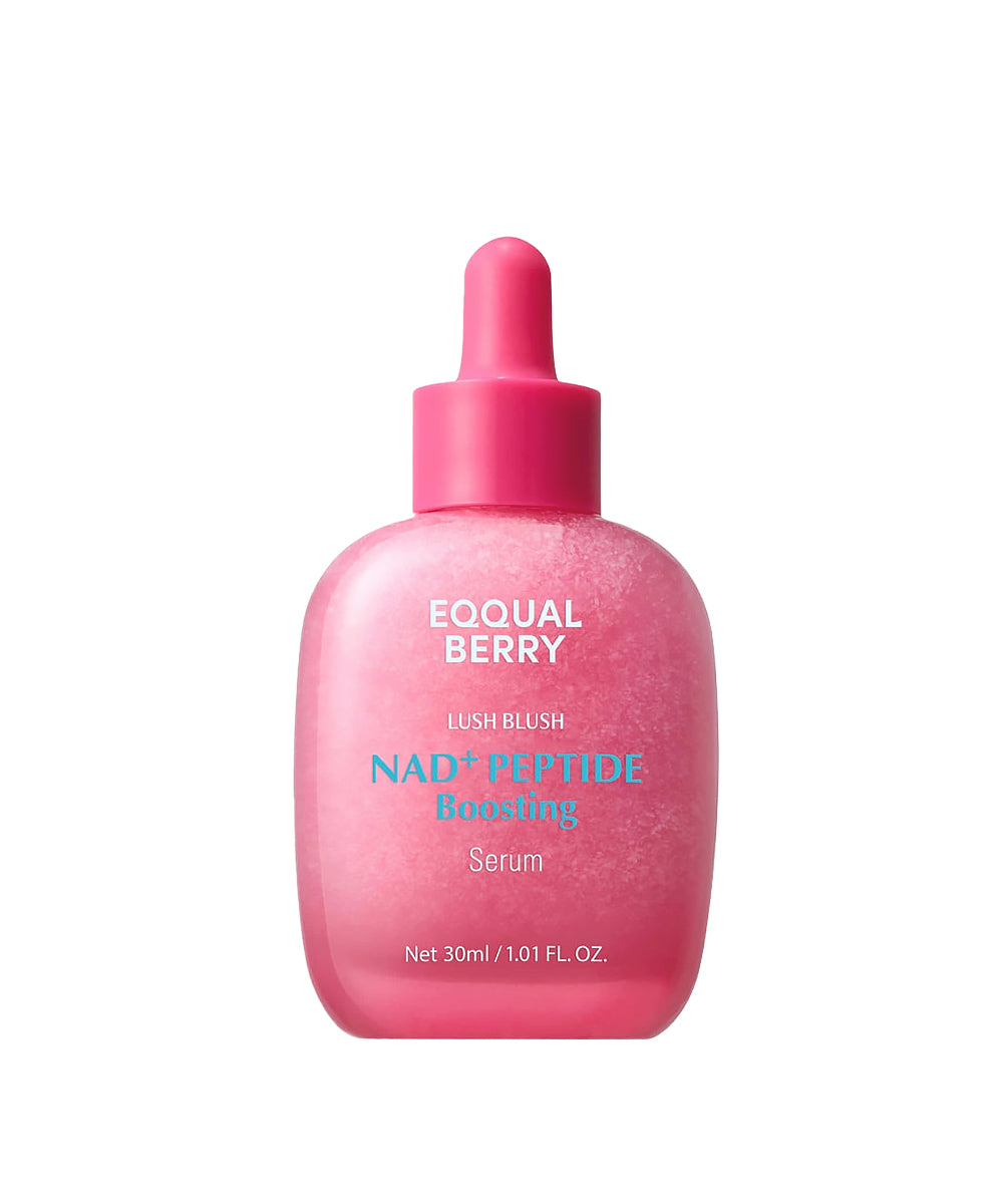 Pink serum bottle with 'Eqqual Berry' branding on a white background