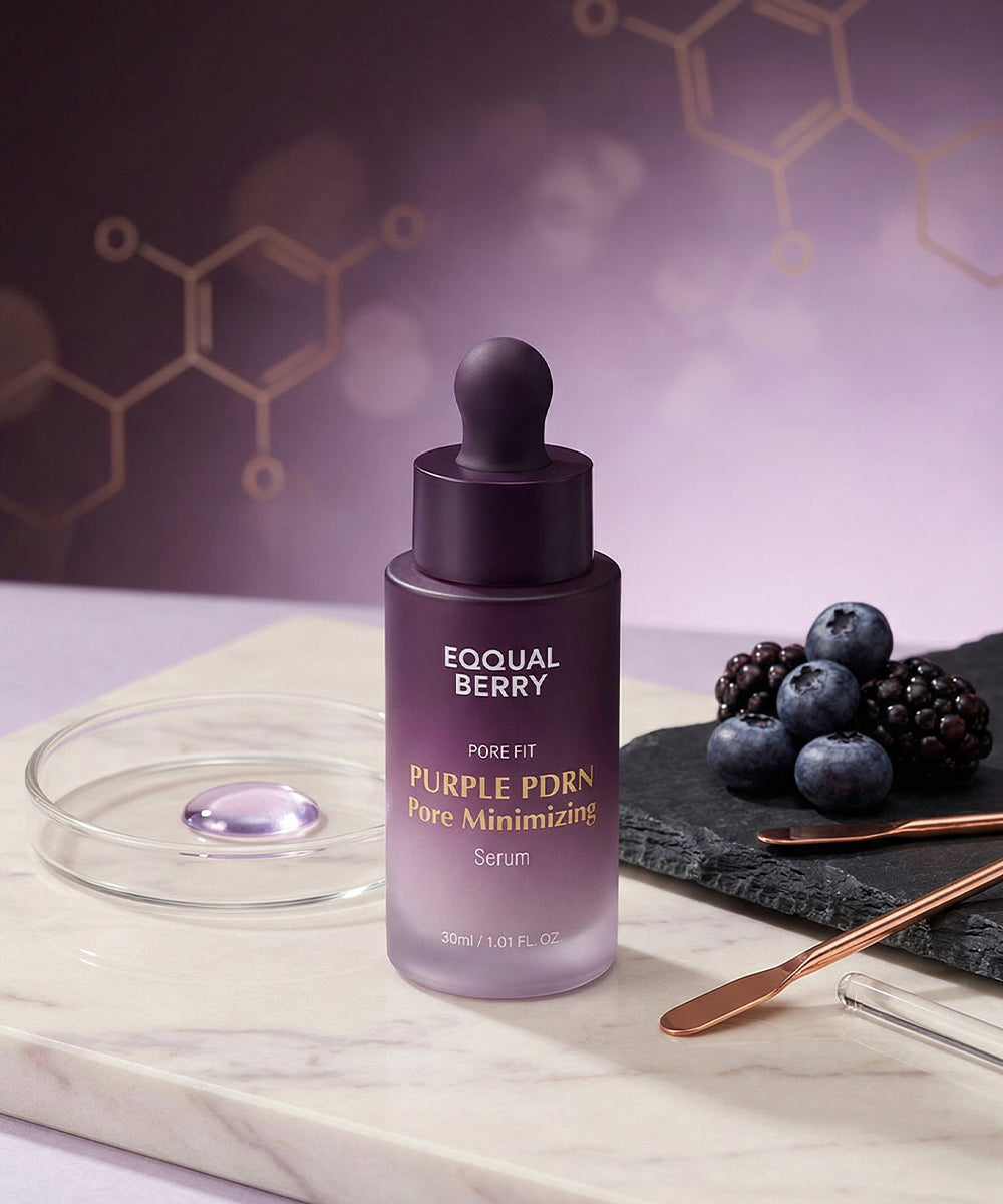 Professional lifestyle shot of EQQUALBERRY Serum on a marble tray with fresh blueberries, blackberries, and a petri dish, emphasizing its clinical yet natural formula