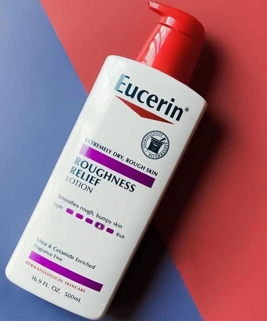 Eucerin Roughness Relief lotion bottle on a red and blue background