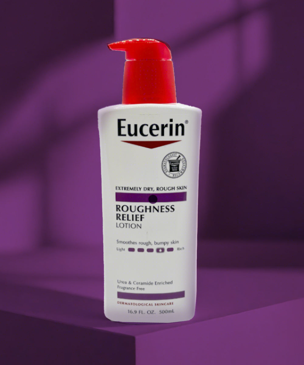 Eucerin Roughness Relief Lotion bottle on a purple background