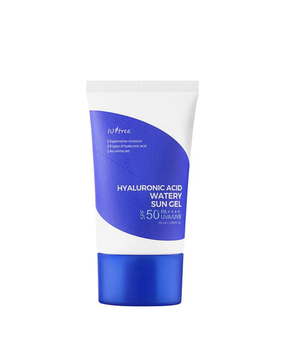 Tube of Hyaluronic Acid Watery Sun Gel with blue and white design on a white background