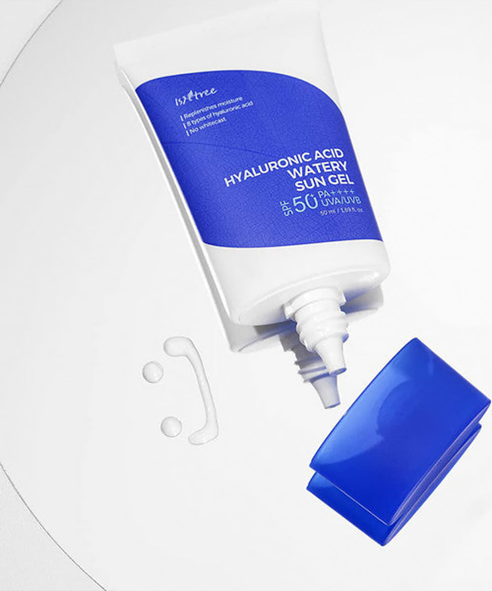 Hyaluronic Acid Water Sun Gel with pump and gel on a white background