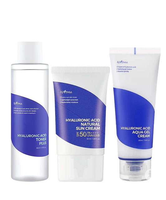 Set of skincare products with blue and white packaging on a white background