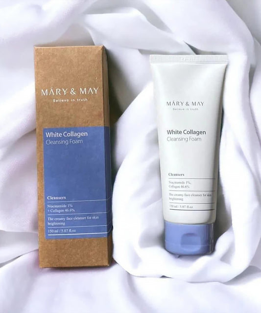 Mary & May White Collagen Cleansing Foam and packaging on a white fabric background