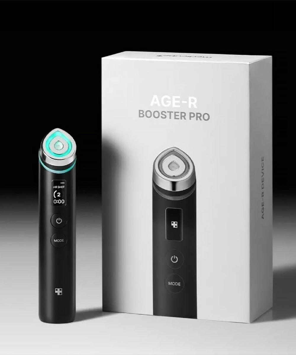 Black 'AGE-R Booster Pro' device with a white box on a gradient background