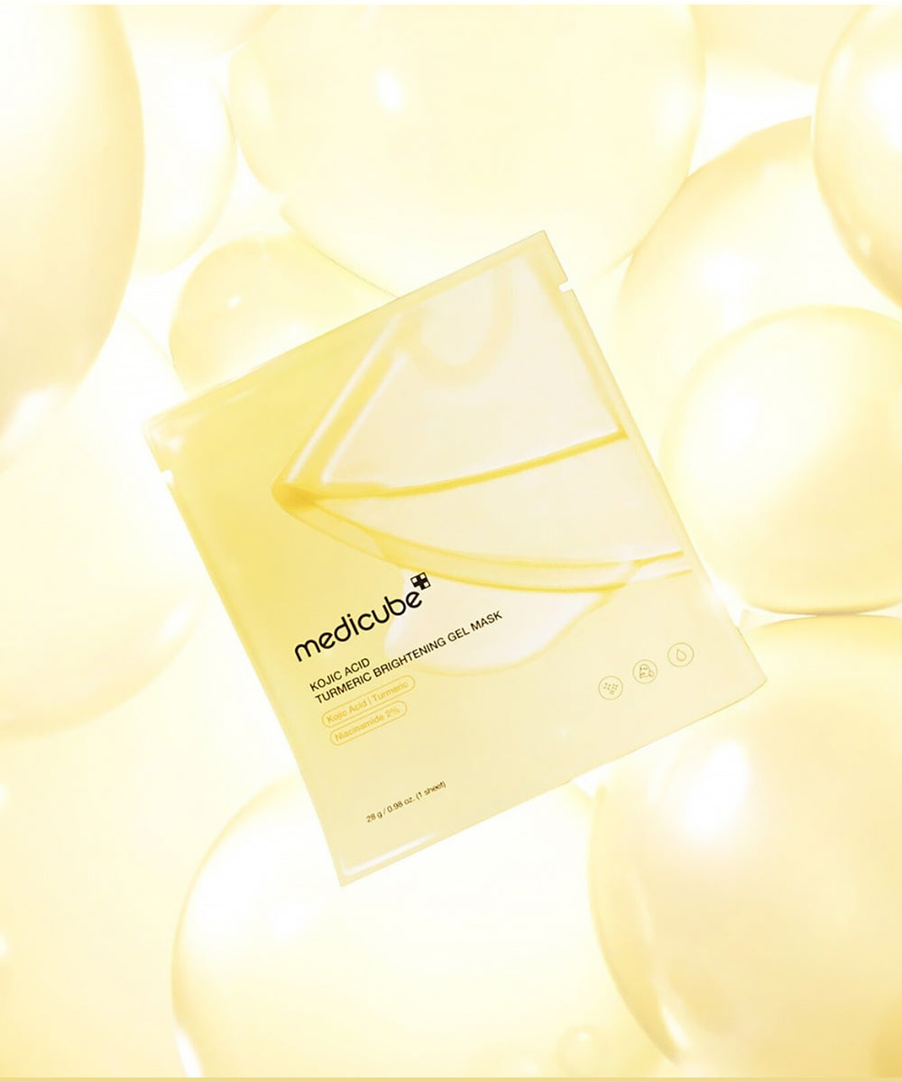 Medicube sheet mask packaging with yellow balloons in the background