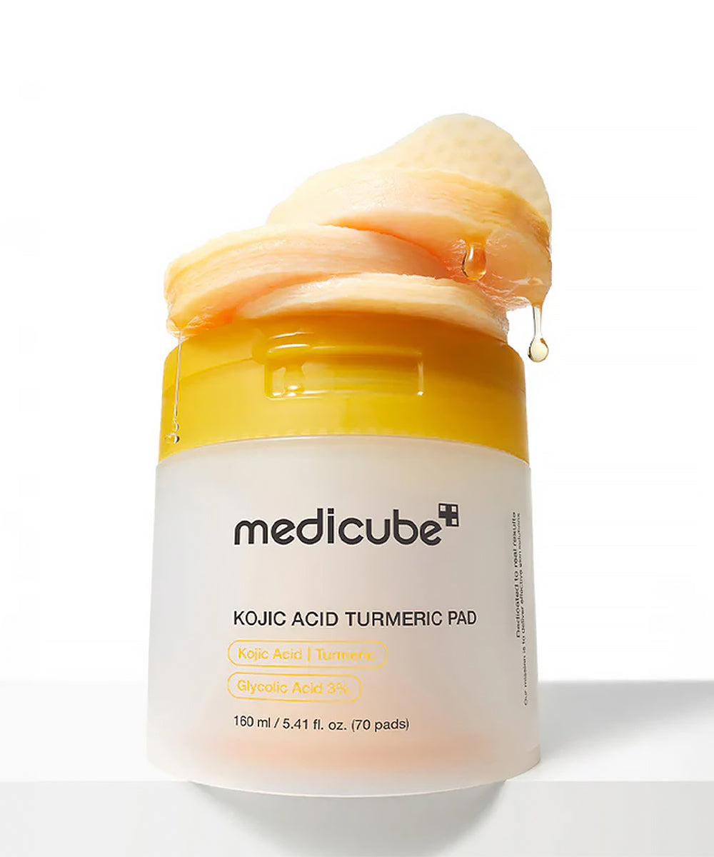Medicube Kojic Acid Turmeric Pad container with yellow lid on a white background