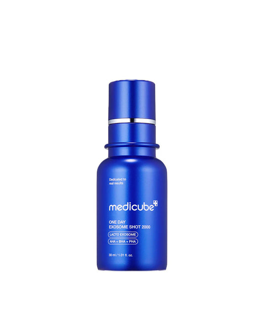 Blue skincare serum bottle with Medicube branding on a white background