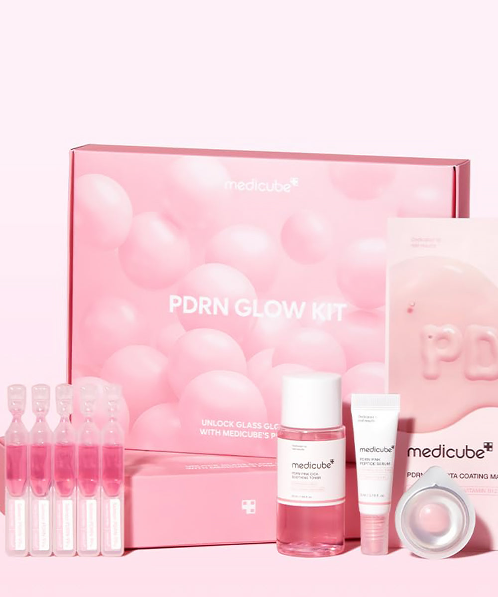 Medicube PDRN Glow Kit with pink packaging and skincare products on a white background