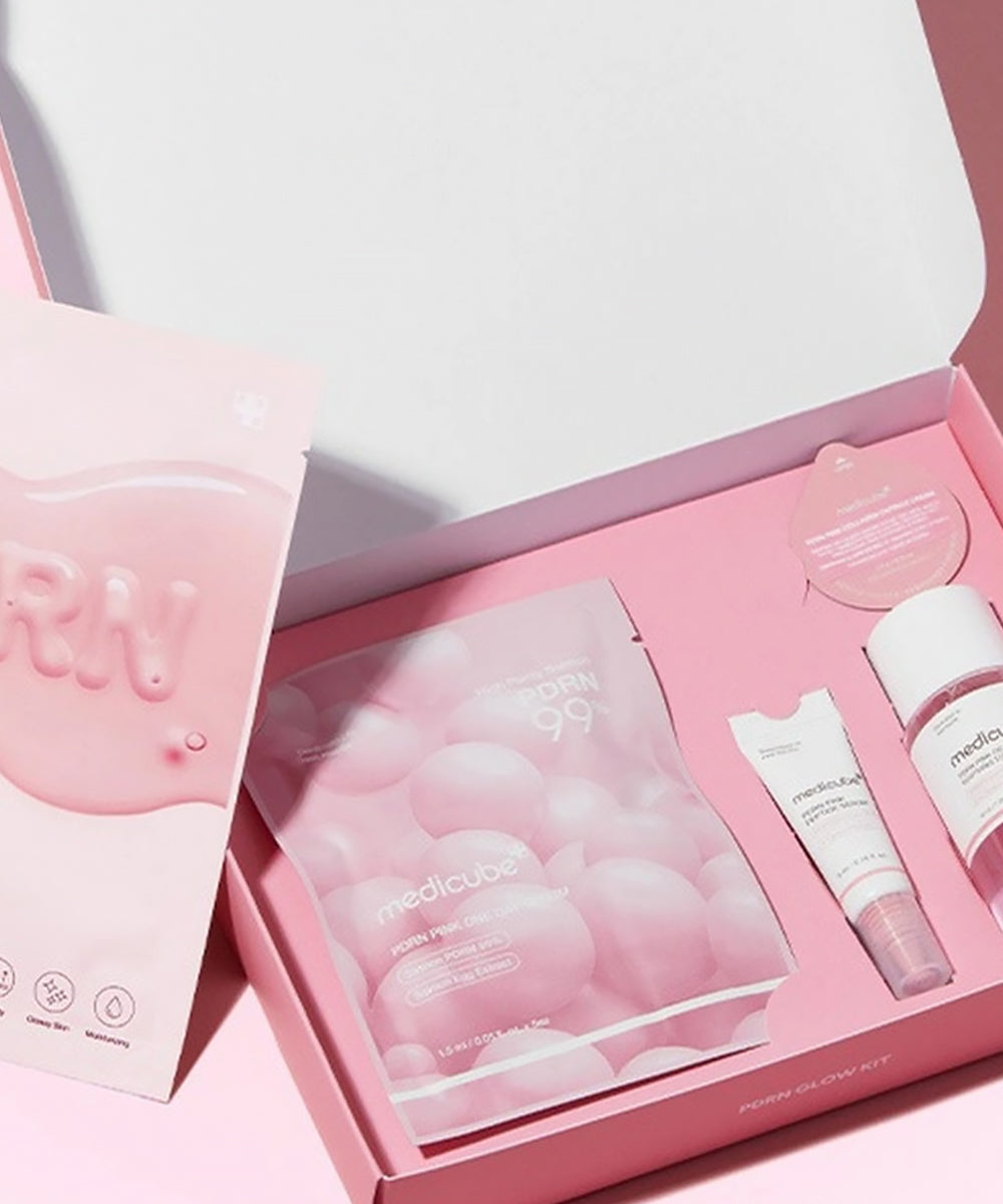 Pink skincare product set with 'medicuna' branding on a light pink background