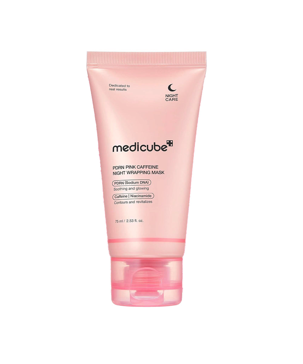 Pink tube of Medicube Pore Prim Caffeine Night Wrapping Mask on a white background