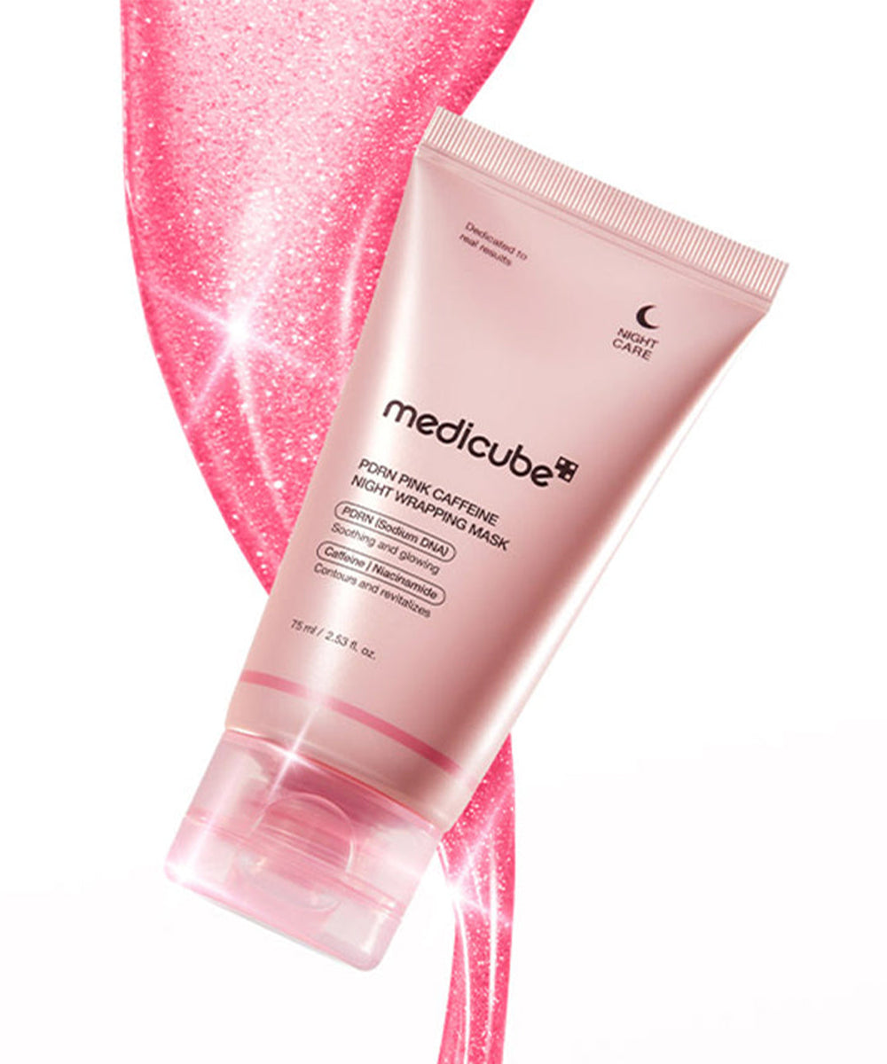 Pink tube of Medicube product with a pink background