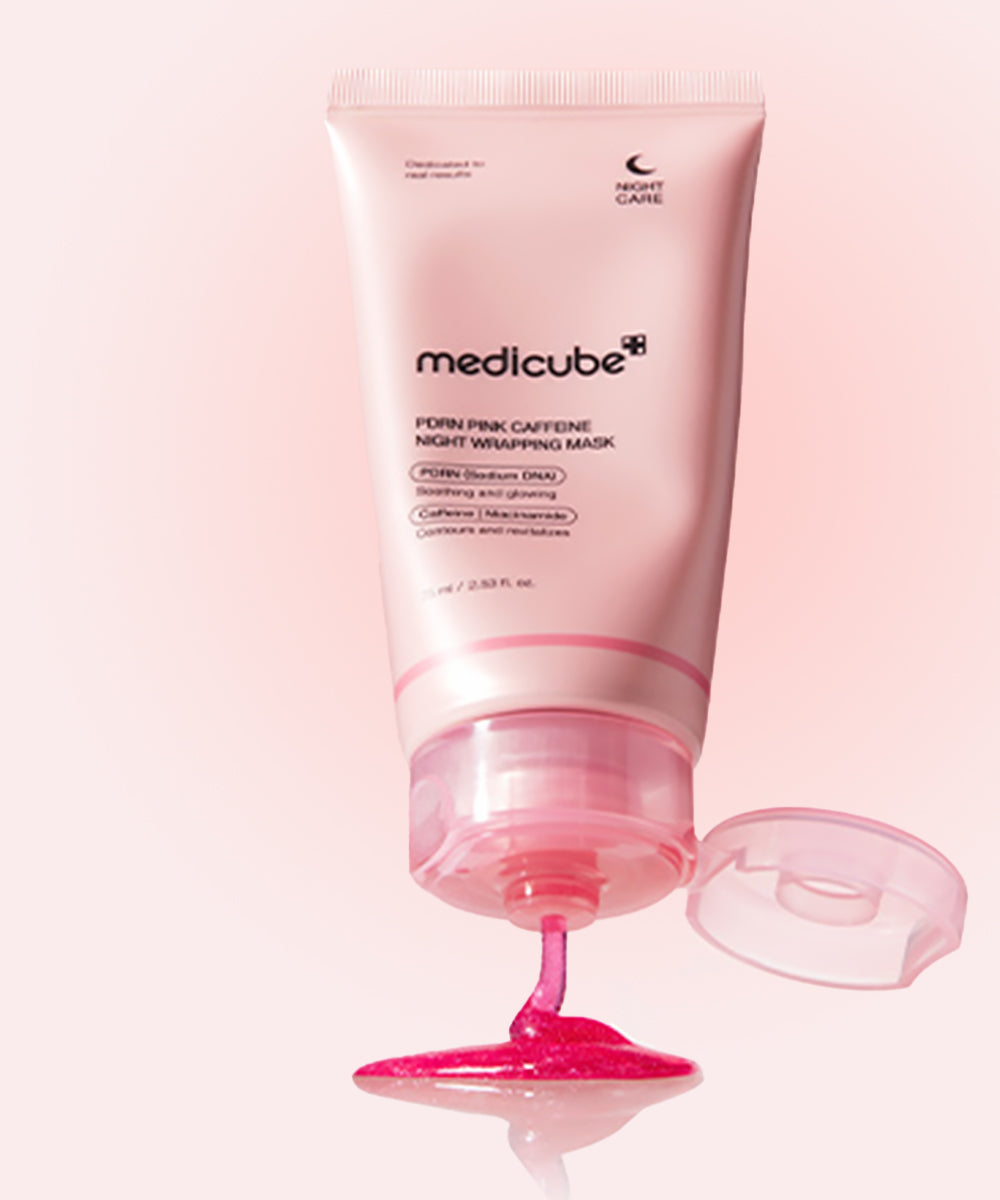 Pink skincare product with Medicube branding on a white background