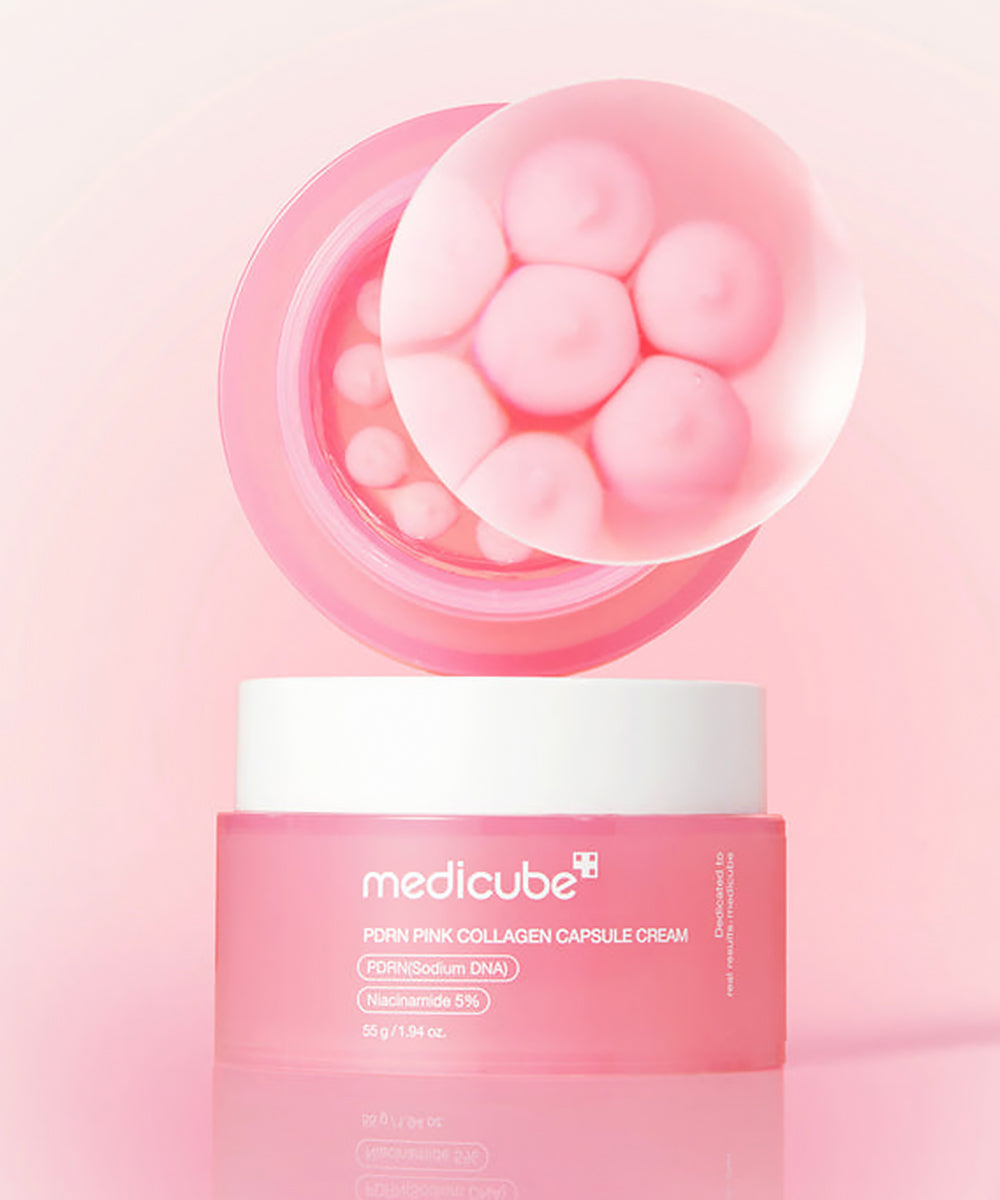 Pink collagen capsule cream with packaging on a pink background