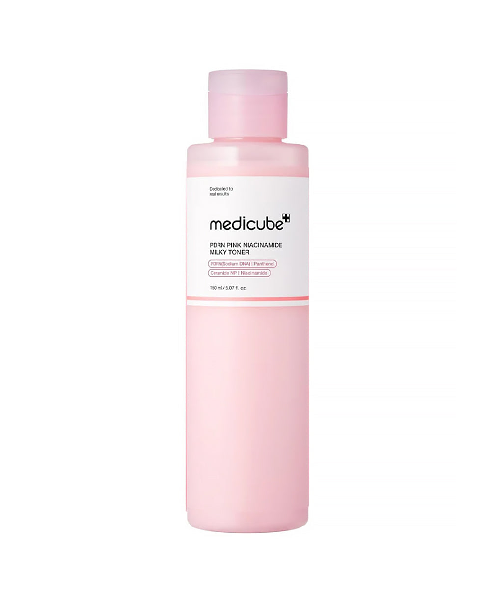 Pink bottle with white label on a white background
