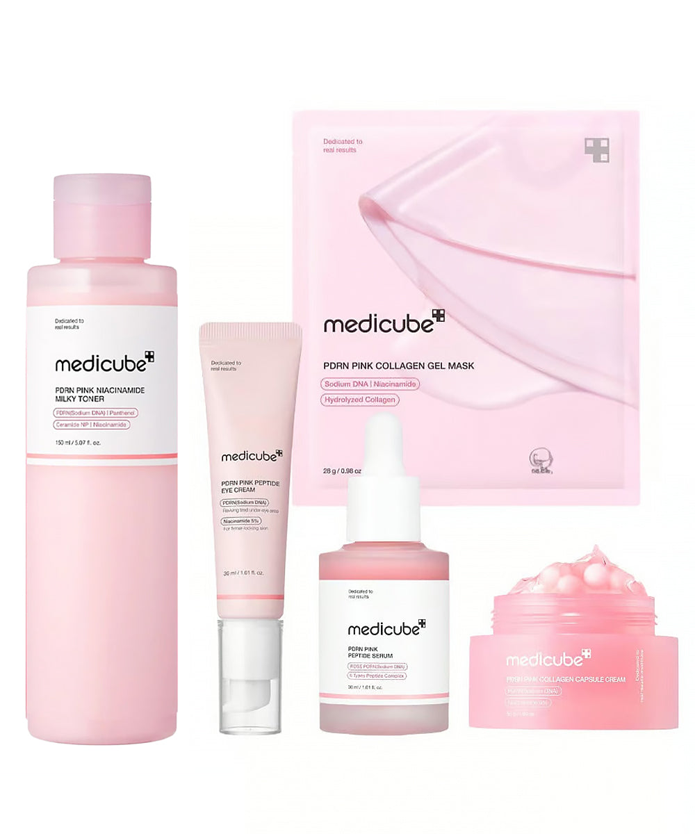 Medicube skincare product set including a bottle, cream, gel mask, and eye cream on a white background.