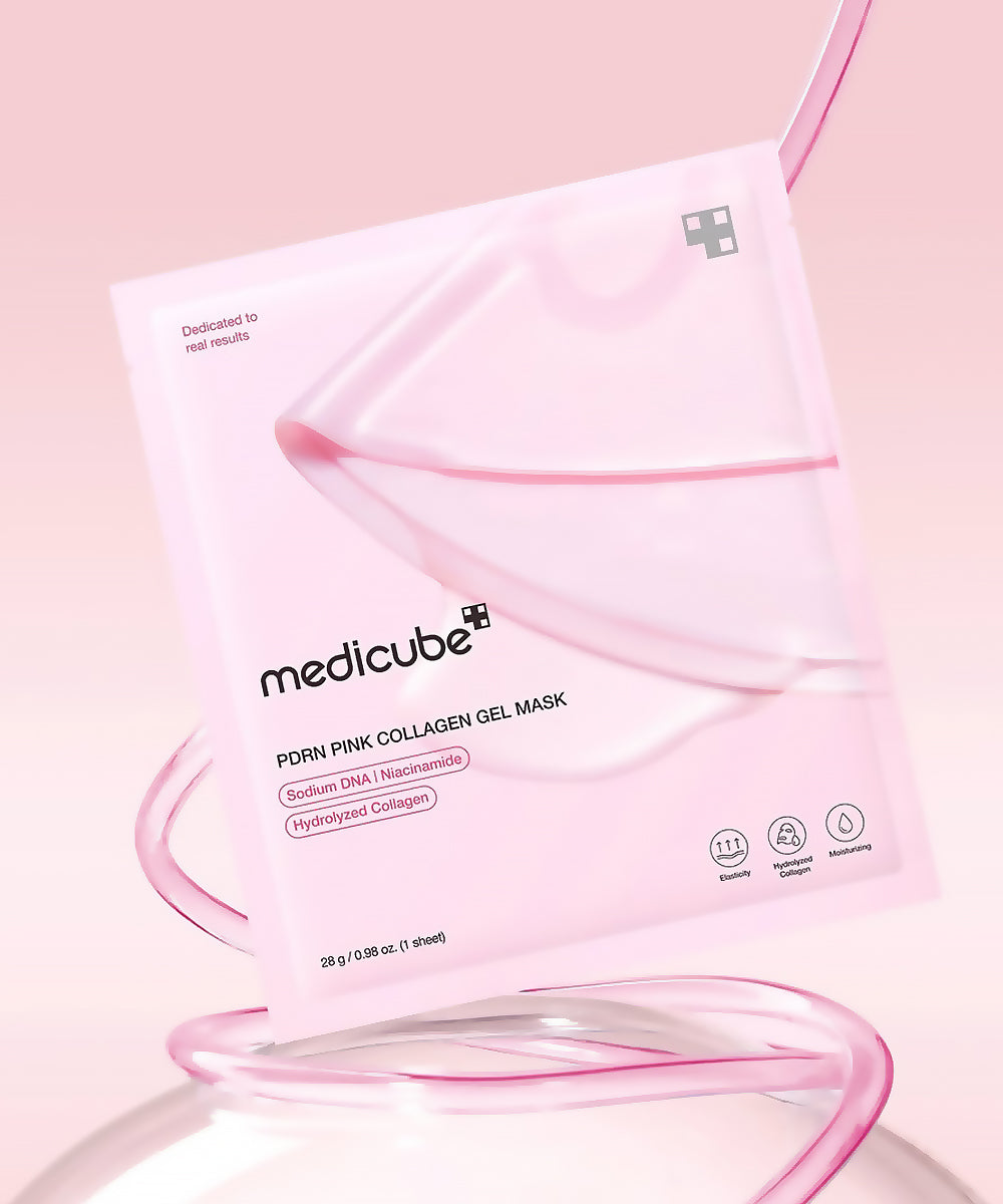 Pink collagen gel mask with Medicube branding on a pink background