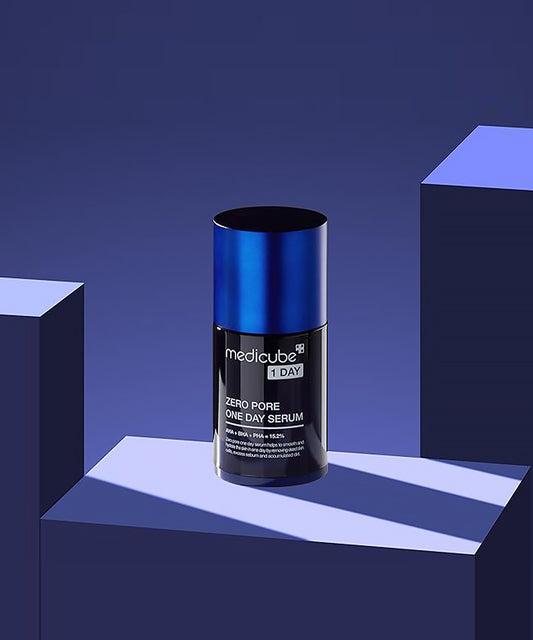 Blue cylindrical container with black label on a blue geometric background