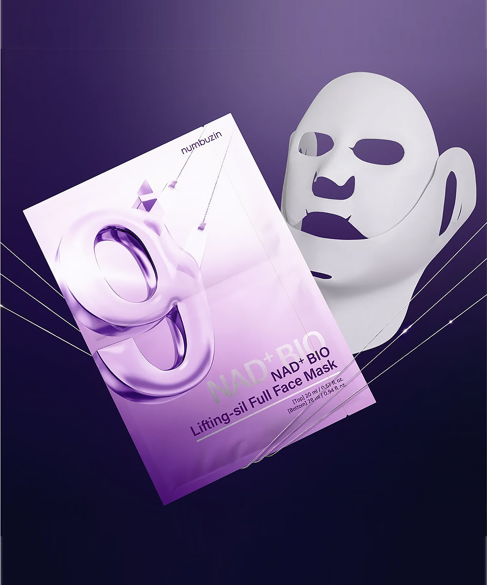 Nad Bio lifting-sil full face mask packaging with a white mask on a purple background
