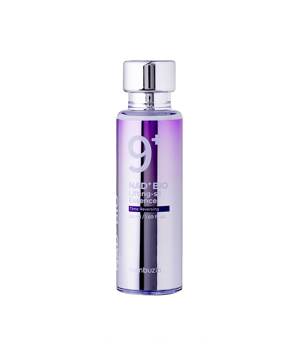 Purple skincare bottle labeled '9+' on a white background