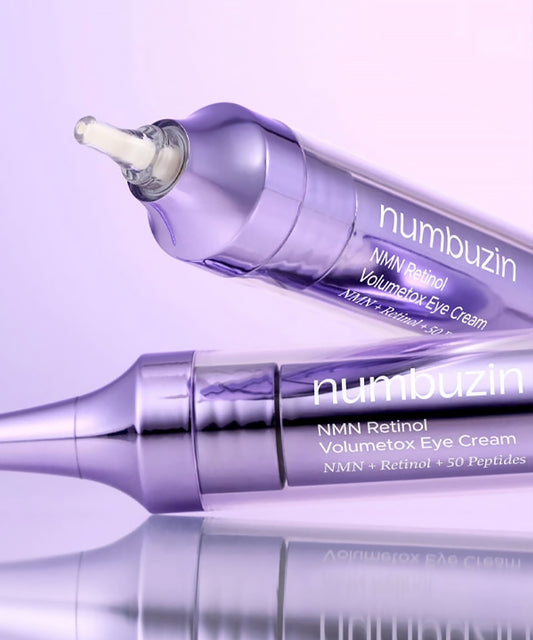Two bottles of Numbuzin NMN Retinol Volumetox Eye Cream on a light purple background