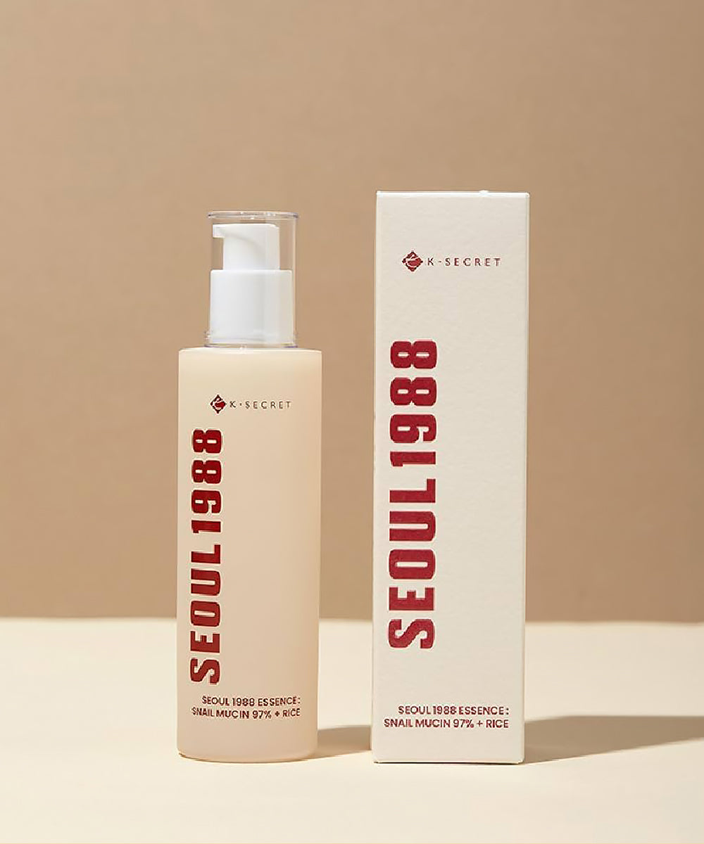 K-SECRET Seoul 1988 skincare product with pump bottle and box on a beige background